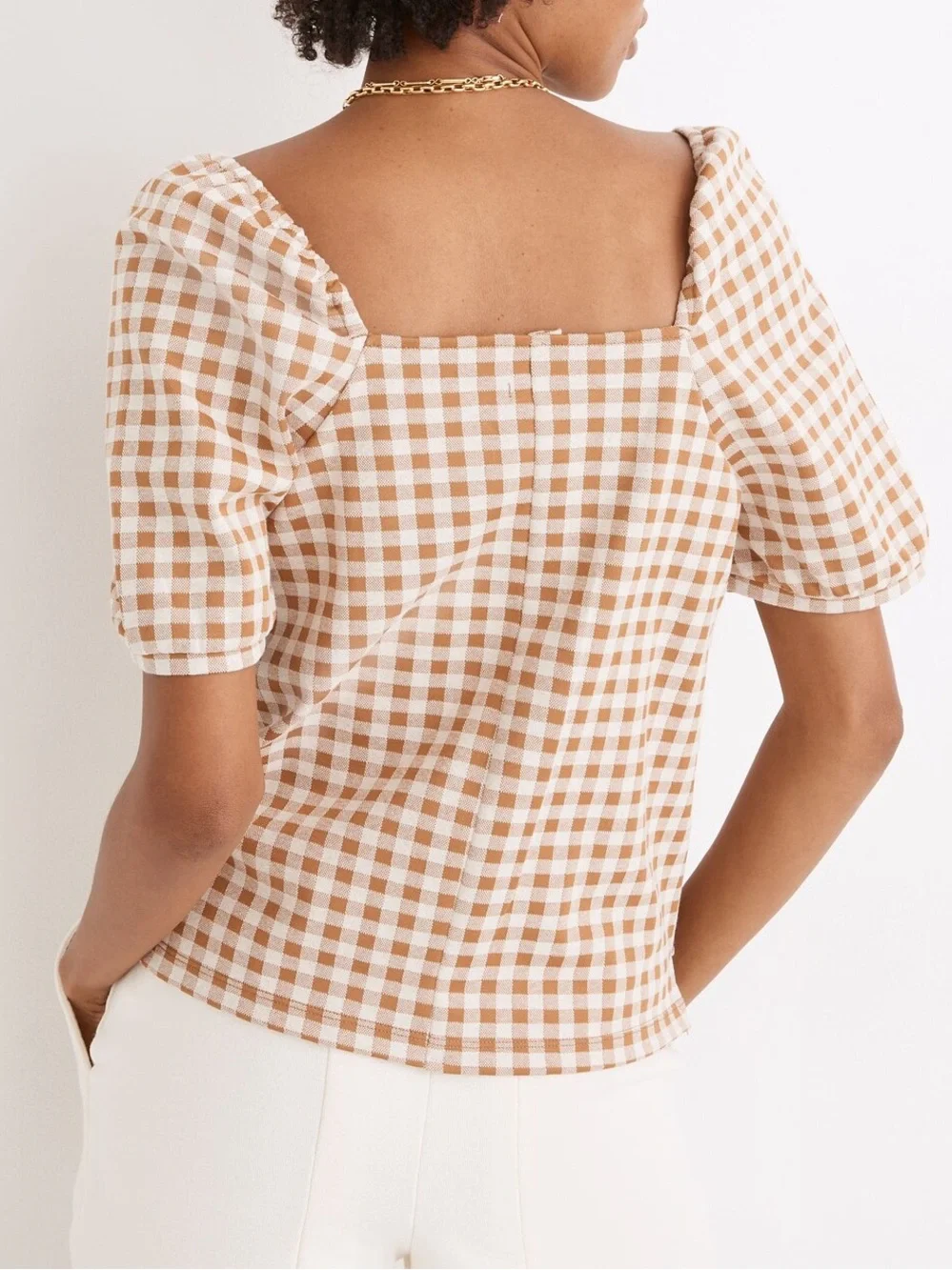 Madewell Gingham Jacquard Square-Neck Puff-Sleeve Top in Saddle Brown Size XXL